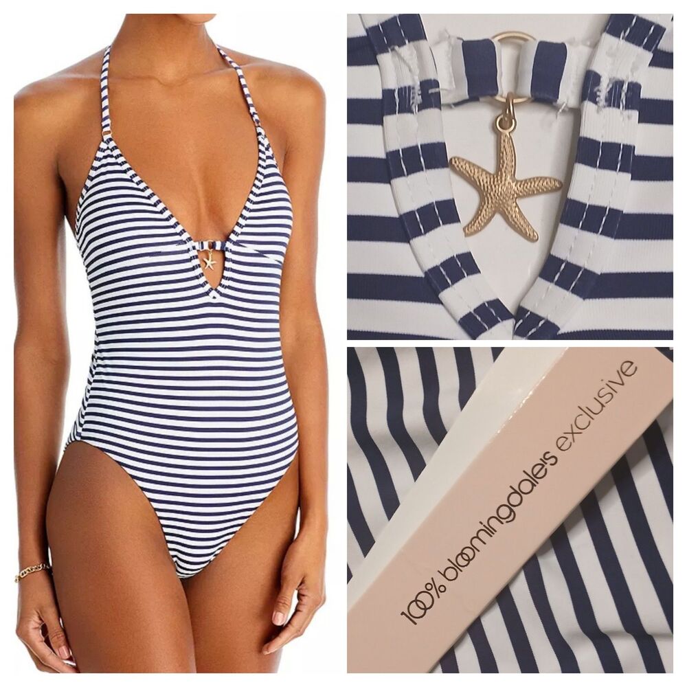 AQUA Swimsuit Sz XL One Piece Striped Halter Starfish Charm Navy White